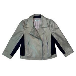 DKNYC Donna Karan NYC Women's Gold Metallic Leather Zippered Moto Biker Jacket